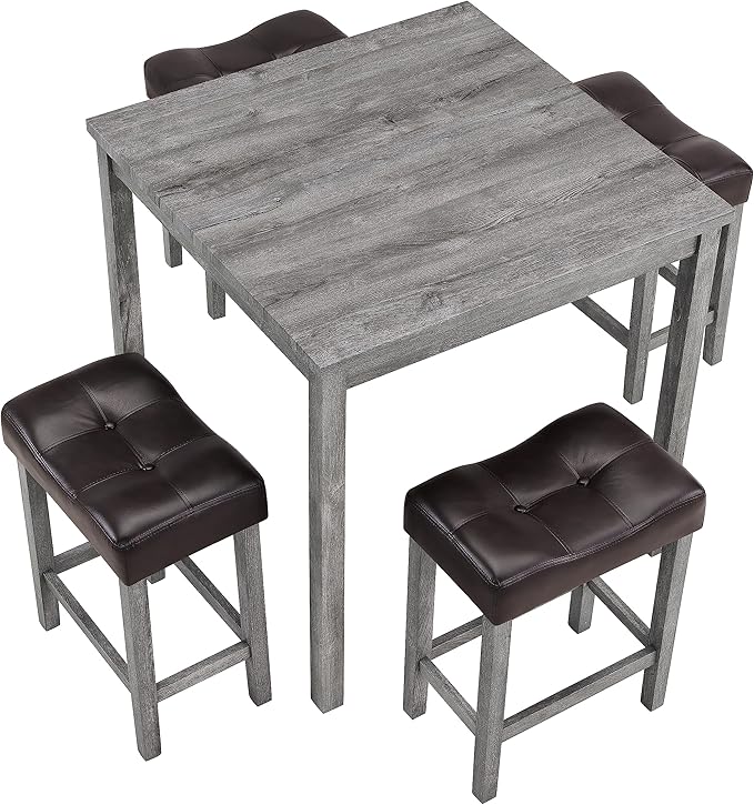 5 Piece Square, Industrial Breakfast Table + 4 Upholstered Stools, Bistro Dining Set, for Living, Small Apartment, Farmhouse, Game Room, Brown+Light Gray - LeafyLoom