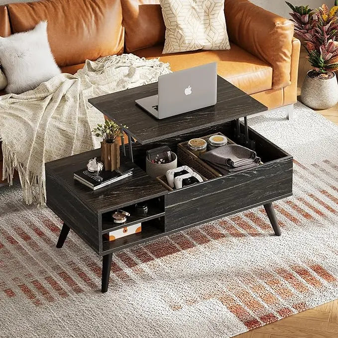 WLIVE Wood Lift Top Coffee Table with Hidden Compartment and Adjustable Storage Shelf, Lift Tabletop Dining Table for Home Living Room, Office, Charcoal Black - LeafyLoom