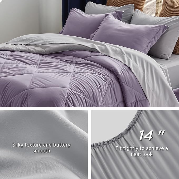 Bedsure Grayish Purple California King Size Comforter Set - 7 Pieces Reversible Cal King Bed in a Bag, Cal King Grayish Purple and Grey Bed Set with Comforters, Sheets, Pillowcases & Shams - LeafyLoom