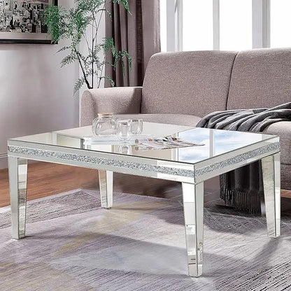 Silver Mirrored Coffee Table, Rectangle Living Room Tables with Crystal Inlay, Gorgeous Modern Mirror Coffee Table Mirrored Furniture for Living Room, Office - LeafyLoom