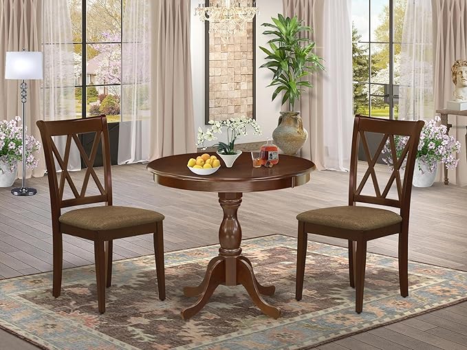 East West Furniture Antique 3 Piece Room Furniture Set Contains a Round Dining Table with Pedestal and 2 Linen Fabric Upholstered Chairs, 36x36 Inch, AMCL3-MAH-C - LeafyLoom