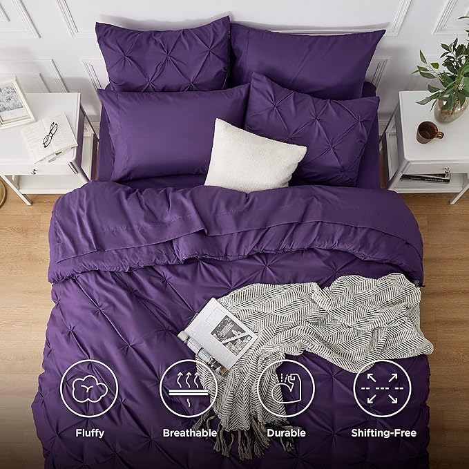 Bedsure Purple Comforter Set Queen - Bed in a Bag Queen 7 Pieces, Pintuck Bedding Sets Purple Bed Set with Comforter, Sheets, Pillowcases & Shams - LeafyLoom