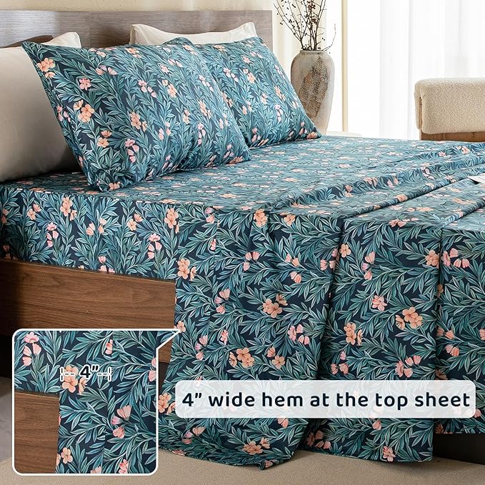 QSH Floral Egyptian Cotton Sheets King Size - Floral Bedding Sheets Botanical Pattern Printed Bedding King Size Bed Sheets 17.5" Extra Deep Pocket 4pcs - LeafyLoom