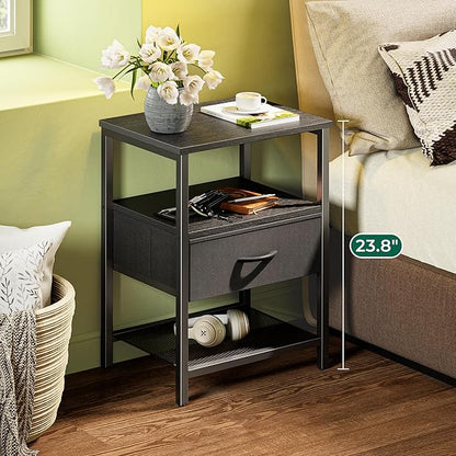 Night Stand with Fabric Drawer, Side Table with Mesh Shelf, Bedroom Nightstand, Fabric Drawer Dresser, Open Shelf, Metal Frame, Couch Side, Black - LeafyLoom