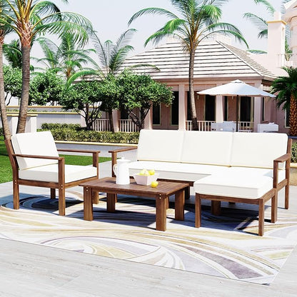 Outdoor Patio Furniture Set with Acacia Wood L-shaped Sectional Sofa, Armchair and A Small Table, 4-Piece for Gardens Backyards Balconies, Onesize, Beige Cushions - LeafyLoom