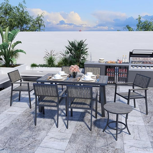 Pamapic Aluminum Outdoor Dining Set, Patio Dining Set for 8 with 6 Outdoor Stackable Chairs, Patio Table and Chairs Set with Plastic-Wood Table Top for Patio, Garden(Charcoal Gray) - LeafyLoom