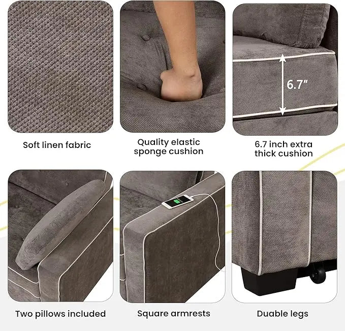 3 in 1 Multi-Functional Pull Out Sofa Bed , Linen Upholstered Convertible Sleeper Loveseat Couch Guest Daybed with Adjustable Backrest and Dual USB Charging Port for Living Room Office RV Furniture - LeafyLoom