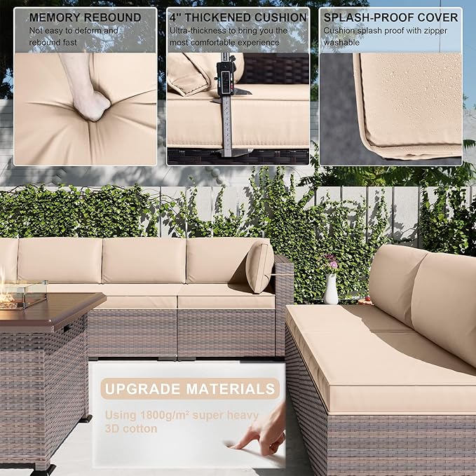 Kullavik 15PCS Outdoor Patio Furniture Set with 43" 55000BTU Gas Propane Fire Pit Table PE Wicker Rattan Sectional Sofa Patio Conversation Sets w/8 Coner Sofas,Sand - LeafyLoom