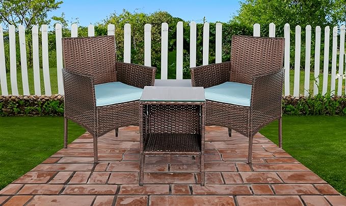 BTEXPERT Space Saving Outdoor Wicker Conversation 3 Piece Bistro Set Garden Patio Yard Porch Furniture Pe Rattan Two Chairs Cushions Side Storage Table Brown/Aqua Blue, OneSize - LeafyLoom