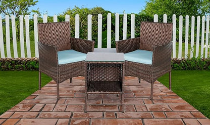 BTEXPERT Space Saving Outdoor Wicker Conversation 3 Piece Bistro Set Garden Patio Yard Porch Furniture Pe Rattan Two Chairs Cushions Side Storage Table Brown/Aqua Blue, OneSize - LeafyLoom