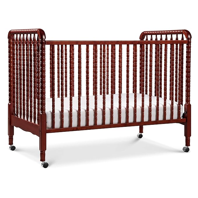 DaVinci Jenny Lind 3-in-1 Convertible Crib in Rich Cherry, Removable Wheels, Greenguard Gold Certified - LeafyLoom