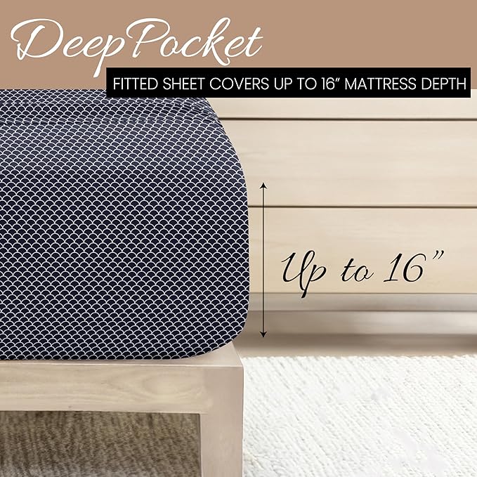 4 Piece California King Bedding Sheet Set (Navy Scallops) - Sleep Better Than Ever with These Ultra-Soft & Cooling Bed Sheets for Your Cal King Size Bed - Deep Pocket Fits 16" Mattress - LeafyLoom