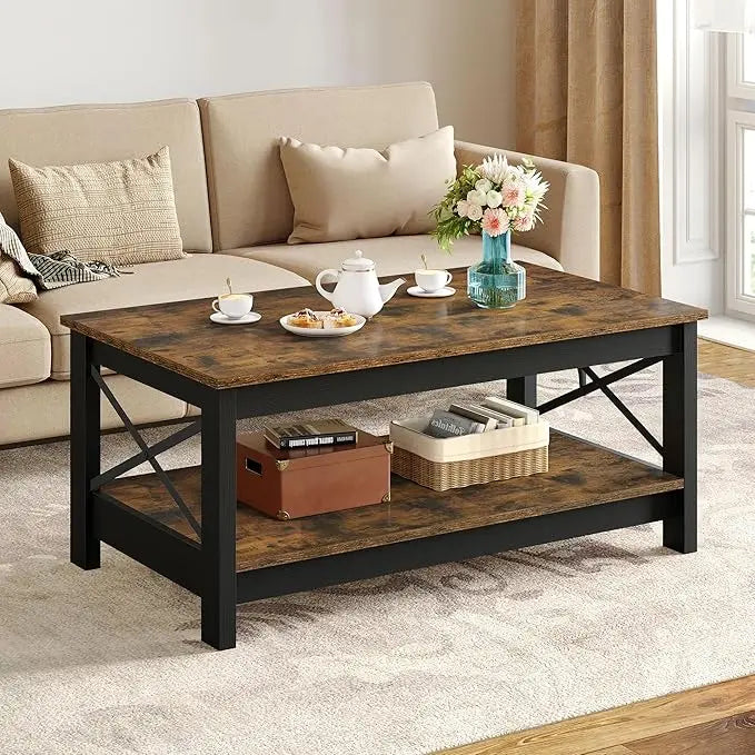 YITAHOME Coffee Table for Living Room,Modern Farmhouse Coffee Table with Storage,2-Tier Center Table for Living Room Wood Living Room Table Accent Cocktail with Sturdy Frame,Rustic Brown - LeafyLoom