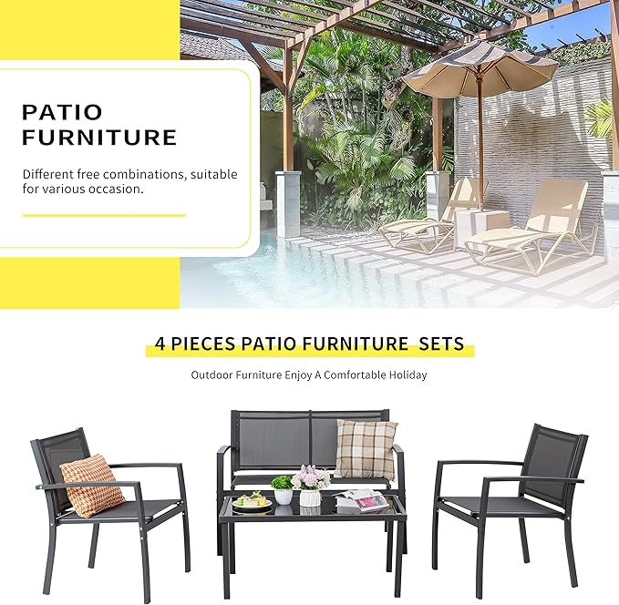 Shintenchi 4 Pieces Patio Furniture Set, Modern Design, Durable Steel Frame, Comfortable Textile Cushions, Easy to Move and Clean - LeafyLoom