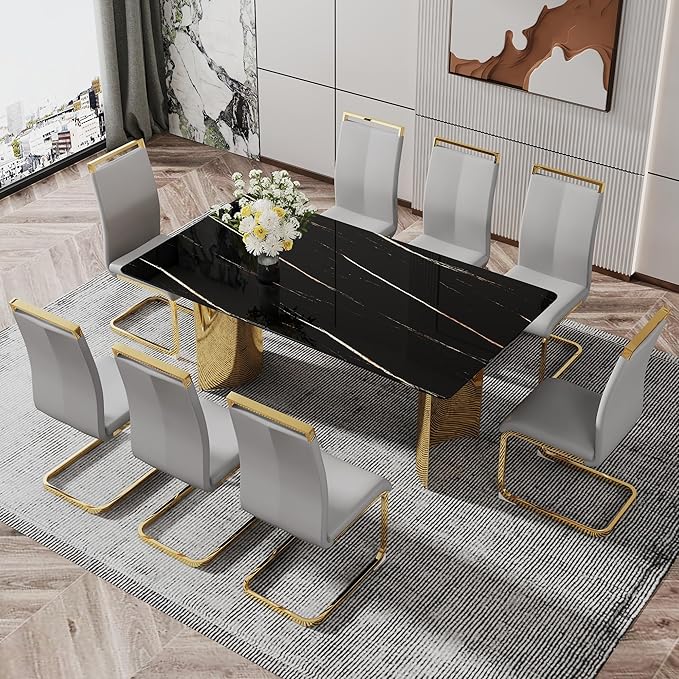 NicBex Modern Minimalist Dining Table The Black Patterned Glass Desktop is Equipped with Golden Metal Legs Suitable for Restaurants and Living Rooms, Black + Gold - LeafyLoom