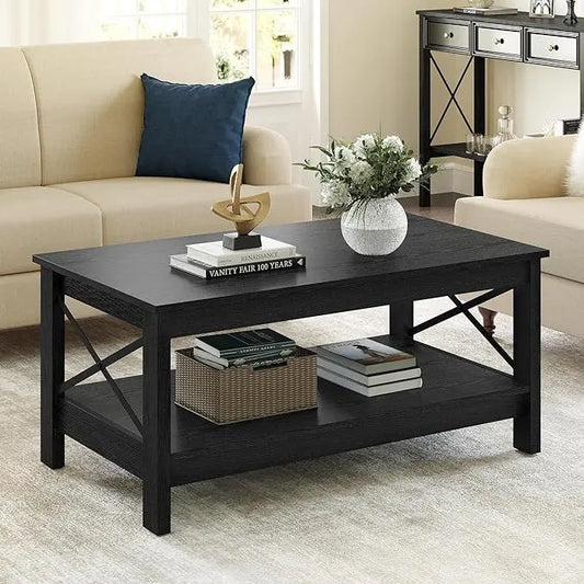 YITAHOME Coffee Table for Living Room,Modern Farmhouse Coffee Table with Storage,2-Tier Center Table for Living Room Wood Living Room Table Accent Cocktail with Sturdy Frame,Black - LeafyLoom