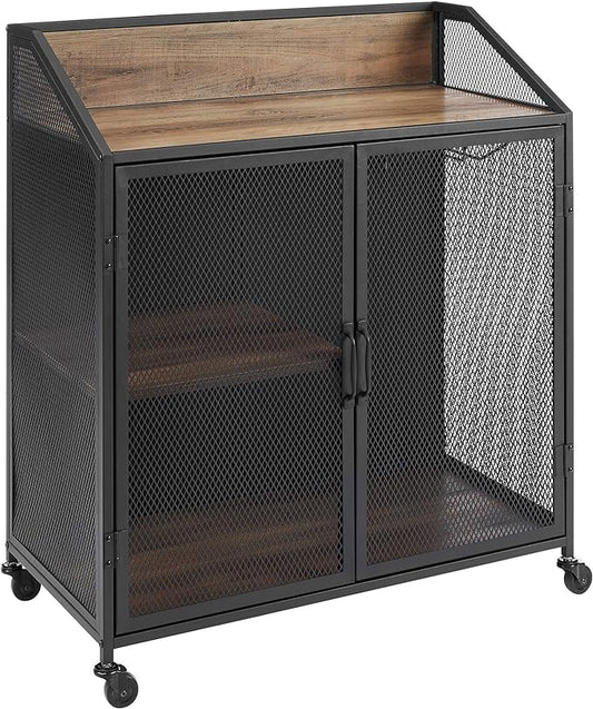 Walker Edison Malcomb Urban Industrial Metal Mesh Double Door Rolling Bar Cabinet, 33 Inch, Rustic Oak - LeafyLoom