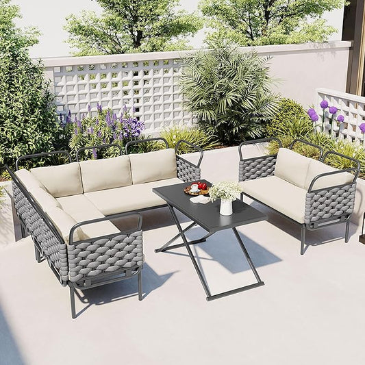 5-Piece Woven Rope Outdoor Patio Furniture Sets, L-shaped Conversation Sectional Sofa with Loveseat, Corner Couch, Glass Table and Removable Cushions, for Garden Backyard, Onesize, Gray+Beige - LeafyLoom