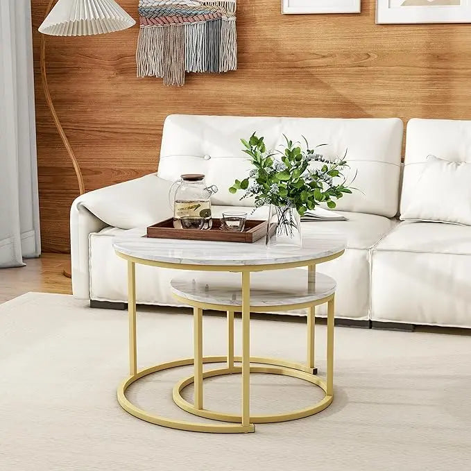 Round Coffee Table Set of 2 End Tables for Living Room,Circular and Marble Nesting Coffee Table Wooden Accent Furniture with Golden Metal Frame,Stacking Side Tables,White - LeafyLoom