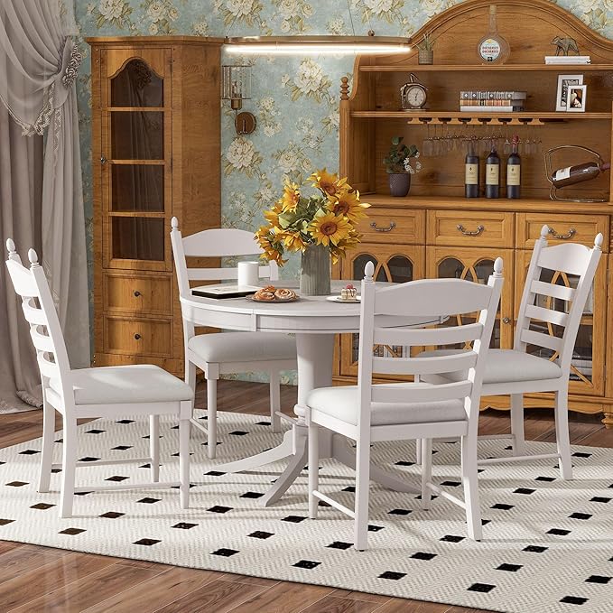 5-Piece Round Extendable Dining Set, Included Solid Wood 42"-58'' Adjustable Tables and 4 Upholstered Chairs, Retro Functional Dinette Furniture for Kitchen Living Room, Antique White - LeafyLoom