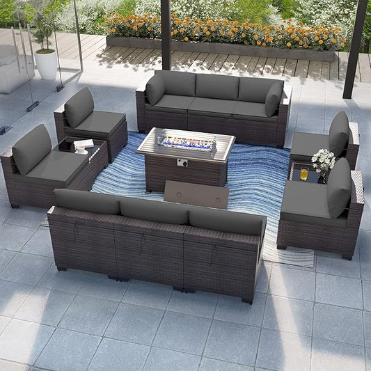 Patio Furniture Set with Fire Pit Table 13-Pieces Outdoor Sectional Furniture Outdoor Rattan Patio Conversation Sets with 43in 55,000 BTU Propane Gas Fire Pit Table Glass Table, Grey - LeafyLoom