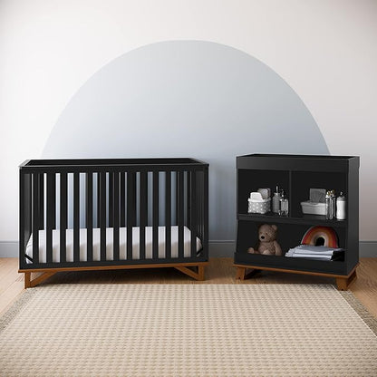 Storkcraft Santa Monica 5-in-1 Convertible Crib (Black with Vintage Driftwood) – GREENGUARD Gold Certified, Modern Design, Two-Tone Baby Crib, Converts to Toddler Bed, Daybed and Full-Size Bed - LeafyLoom