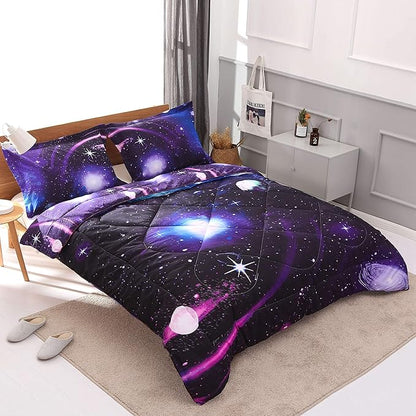 Wowelife Galaxy Twin Size Bedding Sets 5 Pieces Galaxy Space Comforter Set Blue 3D Kids Bed in A Bag Comforter Set for Girls Boys Lightweight with Comforter, Flat Sheet, Fitted Sheet and 2 Pillowcases - LeafyLoom