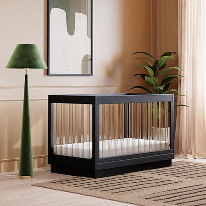 Babyletto Harlow Acrylic 3-in-1 Convertible Crib with Toddler Bed Conversion Kit in Black with Acrylic Slats, Greenguard Gold Certified - LeafyLoom