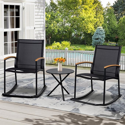 Shintenchi 3 Piece Outdoor Rocking Bistro Set, Textilene Fabric Small Patio Furniture Set, Front Porch Rocker Chairs Conversation Set with Table for Lawn, Garden, Balcony, Poolside (Black) - LeafyLoom