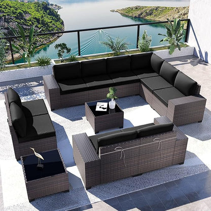 Kullavik 12PCS Outdoor Patio Furniture Set PE Wicker Rattan Sectional Sofa Patio Conversation Sets,Black - LeafyLoom