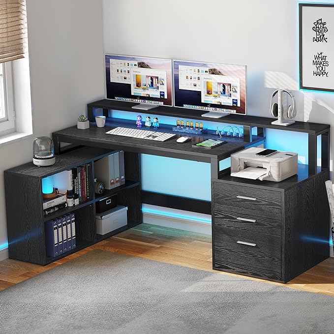 DWVO L Shaped Desk with Power Outlets & LED Lights, 65" Computer Desk with Drawers, Corner Desk Office Desk with File Cabinet & Printer Stand, Black - LeafyLoom