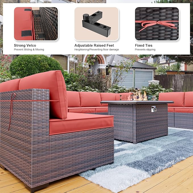 Kullavik 10 Pieces Outdoor Patio Furniture Set with 43" Gas Propane Fire Pit Table PE Wicker Rattan Sectional Sofa Patio Conversation Sets,Red - LeafyLoom