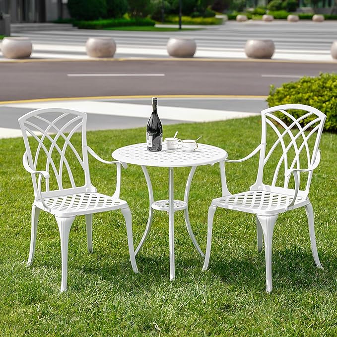 White Bistro Table and Chairs Set of 2, Cast Aluminum White Bistro Set Outdoor, Patio Bistro Sets with Umbrella Hole, Round Back Yard Set for Porch Balcony Garden - LeafyLoom