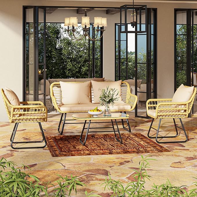 YITAHOME 4-Piece Patio Furniture Wicker Outdoor Bistro Set, All-Weather Rattan Conversation Loveseat Chairs for Backyard, Balcony and Deck with Soft Cushions and Metal Table (Light Brown+Beige) - LeafyLoom