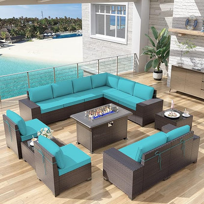 Patio Furniture Sectional Sofa Set 13-Pieces PE Rattan Patio Conversation Set w/43in Gas Fire Pit Table, Outdoor Furniture with 55000 BTU Propane Fire Pit, Blue - LeafyLoom