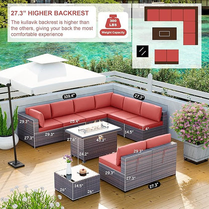 Kullavik 10 Pieces Outdoor Patio Furniture Set with 43" Gas Propane Fire Pit Table PE Wicker Rattan Sectional Sofa Patio Conversation Sets,Red - LeafyLoom