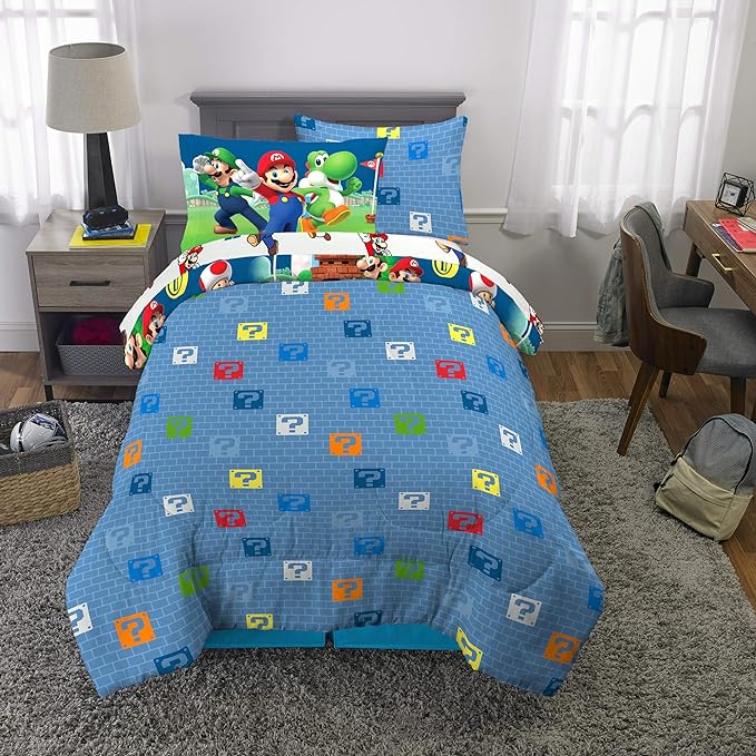 Franco Kids Bedding Super Soft Comforter and Sheet Set with Sham, 5 Piece Twin Size, Mario - LeafyLoom