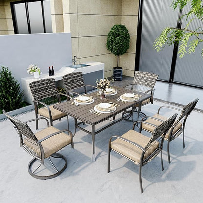 Pamapic 7 Piece Patio Dining Set for 6,Wicker Outdoor Furniture Set for Backyard Garden Deck Poolside with Iron Slats Table Top,4 Dining Chairs and 2 Swivel Rockers,Removable Cushions(Beige) - LeafyLoom