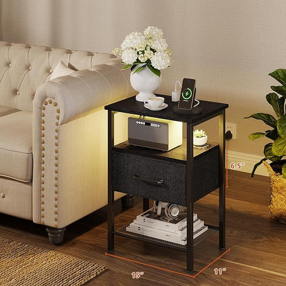 Night Stand Set 2, End Table with Charging Station, LED Bedside Table with Fabric Drawer for Bedroom, 3-Tier Side Table with Open Shelf, Black - LeafyLoom