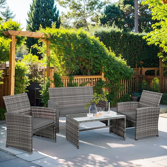 Shintenchi 4-Piece Outdoor Gray Wicker Patio Conversation Furniture Set, Rattan Patio Furniture Set with Weather Resistant Cushions and Tempered Glass Tabletop,Grey - LeafyLoom