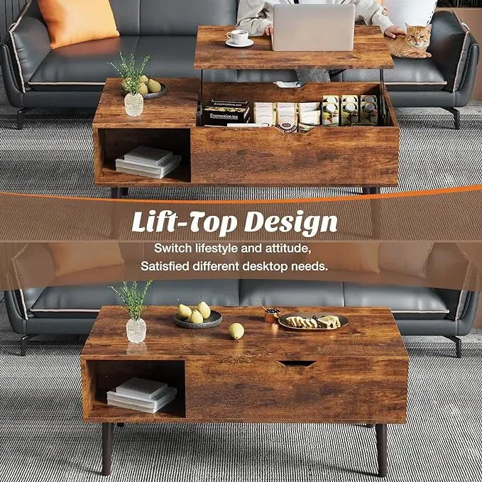 Sweetcrispy Coffee Table Brown, Lift Top Coffee Tables for Living Room, Small Rising Wooden Dining Center Tables with Storage Shelf and Hidden Compartment - LeafyLoom