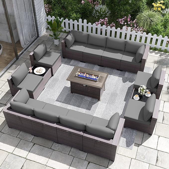 15PCS Patio Furniture Set with Fire Pit Table Outdoor Sectional Furniture Outdoor Sofa Rattan Patio Conversation Sets with 43in 55,000 BTU Propane Gas Fire Pit Table Glass Table, Grey - LeafyLoom