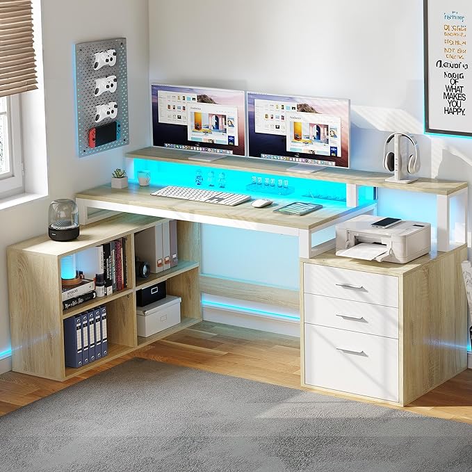 YITAHOME L Shaped Desk with 3 Drawers, 65" Corner Computer Desk with Power Outlets & LED Lights, L-Shaped Desk with File Cabinet & Printer Stand for Home Office, White & Oak - LeafyLoom