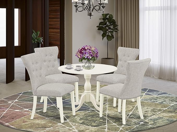 East West Furniture DMGA5-LWH-35 5 Piece Modern Dining Table Set Includes a Round Wooden Table with Dropleaf and 4 Doeskin Linen Fabric Parsons Dining Chairs, 42x42 Inch, Linen White - LeafyLoom