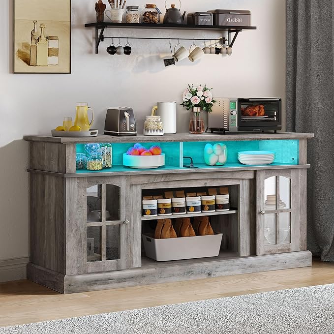 YITAHOME Sideboard Buffet Cabinet, 58'' Large Coffee Bar Cabinet with LED Light & Power Outlet, Farmhouse Storage Cabinets with Adjustable Shelves and Glass Doors for Kitchen, Living Room, Rustic Grey - LeafyLoom