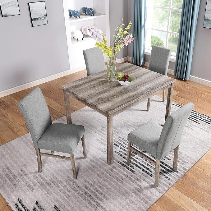 Modern 5 Pcs Set, Including Solid Wood Rectangle Table, 4 Upholstered Dining Chairs and Bench, for Kitchen, Living Room, Small Apartment, Antique Yellow+Gray - LeafyLoom