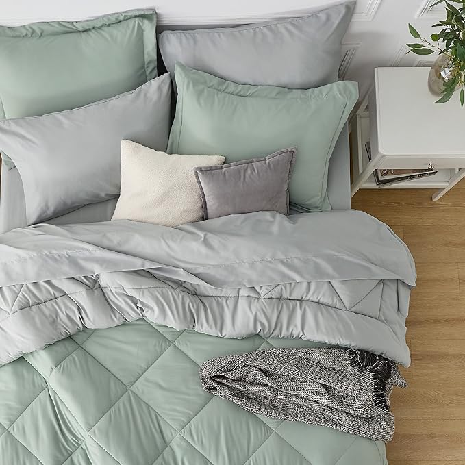 Bedsure Sage Green Twin XL Comforter Sets - 5 Pieces Reversible Twin XL Bedding Sets, Bed Sets Comforters, Sheets, Pillowcase & Sham, Grey XL Twin Bed in a Bag for College - LeafyLoom