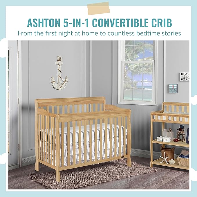 Ashton 4-In-1 Convertible Crib In Natural, Greenguard Gold, JPMA Certified, Non-Toxic Finishes, Features 4 Mattress Height Settings, Made Of Solid Pinewood - LeafyLoom