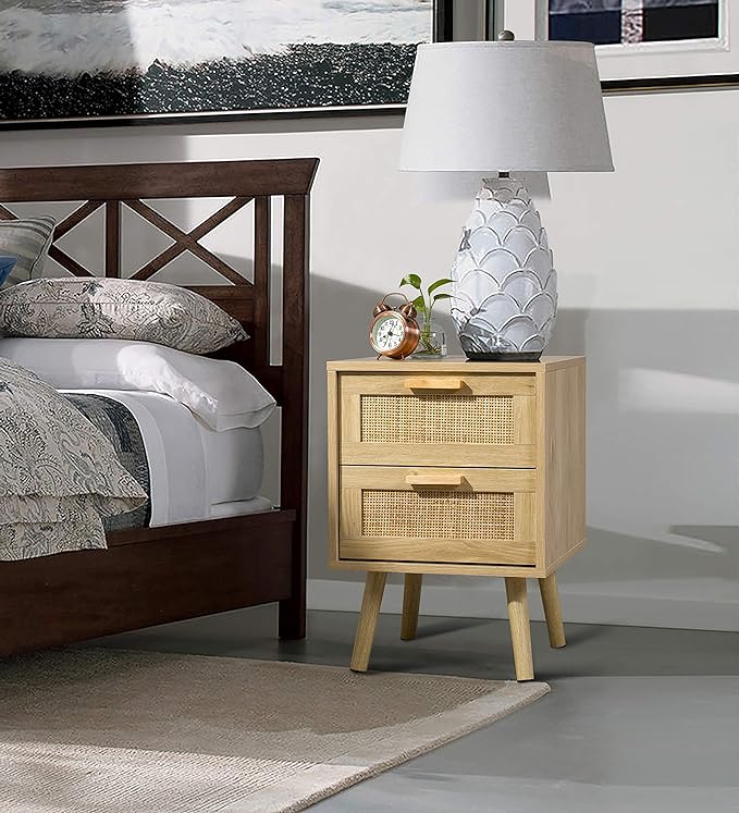 Finnhomy Nightstand, End Table, Side Table with 2 Hand Made Rattan Decorated Drawers, Wood Accent Table with Storage for Bedroom, Natural (Patented) - LeafyLoom