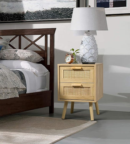 Finnhomy Nightstand, End Table, Side Table with 2 Hand Made Rattan Decorated Drawers, Wood Accent Table with Storage for Bedroom, Natural (Patented) - LeafyLoom